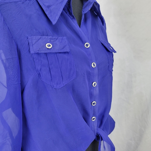 Poetry Sheer Blue Button-Up Blouse Tie Front Size Large - Picture 3 of 8